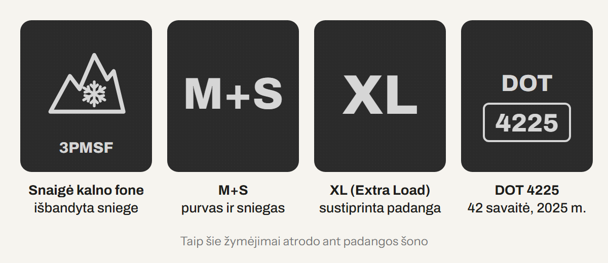 Padangos žymėjimai: 3PMSF snaigė kalno fone, M+S, XL ir DOT gamybos data